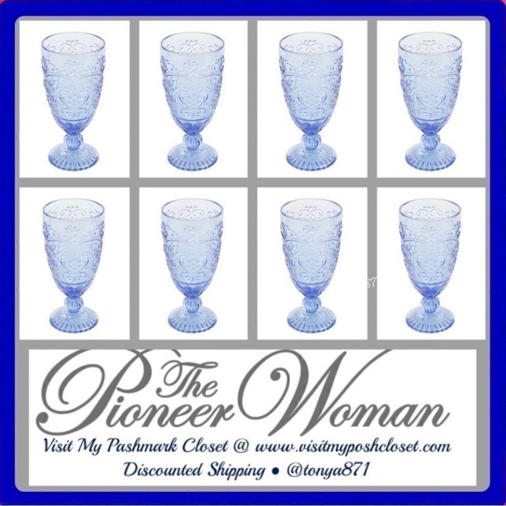 🦋 New Pioneer Woman Amelia 14.7-Ounce Footed Glass Goblets, Set of 8, Blue